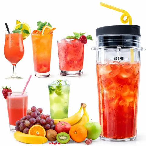 Blender cup filled with fruit smoothie, surrounded by fresh fruits and various drinks, 16oz Single Serve Blender Cup Set With Sip And Seal Lids