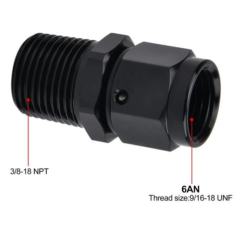Beefy 6AN Female to 3/8 NPT Male Swivel Aluminum Fitting Black Anodized 6061-T6, High Pressure 1500 PSI, Wide Temperature Range -60C to 300C, Rugged Aluminum Quick Connect for Serious Performance Builds. 6AN to 3/8-18 NPT fitting