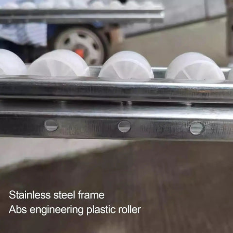 Unpowered Plastic Roller Conveyor Belt 30cm By 200cm In Silver With Straight Ladder Rollers For Easy Material Handling And Transport In Warehouse Workshop Woodworking And Industrial Settings, stainless steel frame