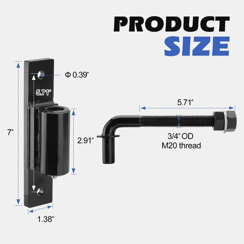 Beefy Three Quarter Inch J Bolt Gate Hinge Set, Seven Inch Long, Heavy Duty Bolt On Hinges, No Welding Needed, Four Pack For Durable Gate Installations, 3/4 OD M20 thread