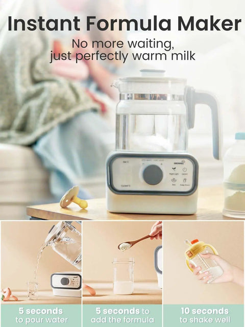 Game-Changer Baby Warmer And Glass Water Boiler With Precise Temperature Control, 1.2 Liter Electric Kettle on table.