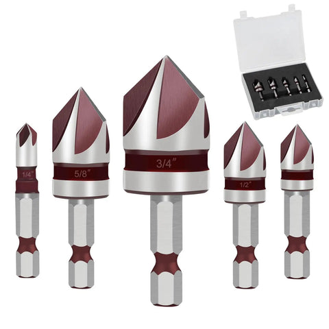 Pro Grade M35 Cobalt Countersink Drill Bit Set With 82 Degree Precision, 5 Flute Design, One Quarter Inch Hex Shank, Multi Material Countersink For Stainless Steel Metal And Wood, Keeps Screws Flush And Clean Every Time, displayed with various sizes in a storage case.