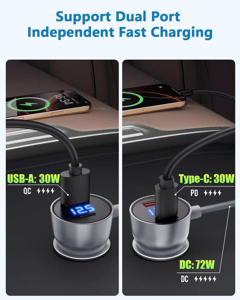 Ride Ready Starlink Mini Car Charger With 10 Feet Cigarette Lighter Cord And Live Voltmeter showing dual ports and voltmeter.