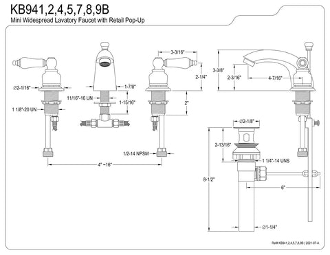 Old School Victorian Mini Widespread Chrome Bathroom Faucet diagram with dimensions and components for deck mount 3 hole install