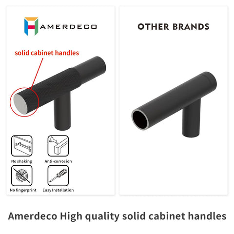 Comparison of Amerdeco high-quality solid cabinet handles and other brands, highlighting durability, anti-corrosion, and easy installation.