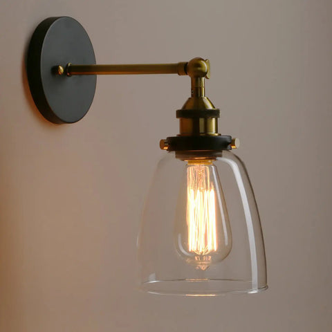 Vintage Style Clear Glass Wall Sconce Hardwired Vanity Light For Bathroom And Bedroom Hallway Cafe Rustic Farmhouse Wall Mounted Lamp For Vanity Mirror Decor, showing side view of clear glass shade and bulb.