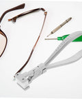 Stainless Steel Eyeglasses Frame Bending Pliers Pro Grade Gear Optical Repair Tool alongside eyeglasses and screwdrivers