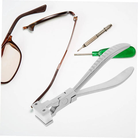 Stainless Steel Eyeglasses Frame Bending Pliers Pro Grade Gear Optical Repair Tool alongside eyeglasses and screwdrivers