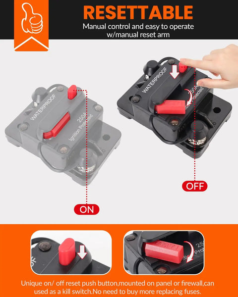 Tough As Nails 150 Amp Manual Reset Inline Circuit Breaker Waterproof DC 12V to 48V with reset arm for easy operation.