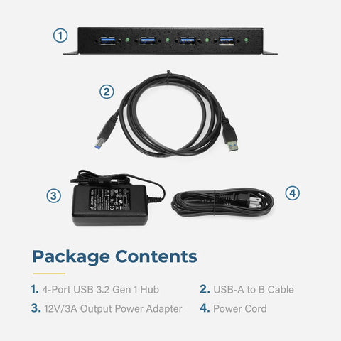 Package contents of 4 Port USB 3.2 Gen 1 Industrial Hub In Rugged Metal Case With Screw Lock Cable Option Beastly Fast 5Gbps Data Transfer
