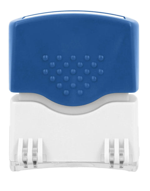 Zero Sweat Paperwork Processing With This Dead Simple Pre Inked Office Approval Stamp featuring a blue flip top cap design.
