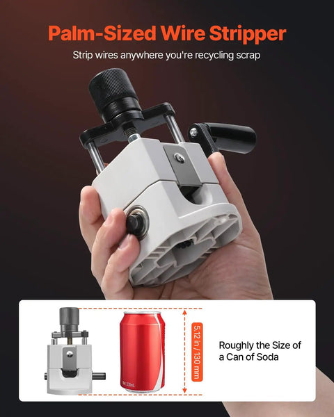 Palm-sized Manual Wire Stripping Machine for Scrap Copper held in hand, showing size comparison to a soda can