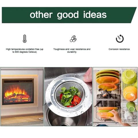 Image of a stainless steel wire mesh sink strainer next to a modern fireplace and a clean dish rack. Focus on home use versatility.