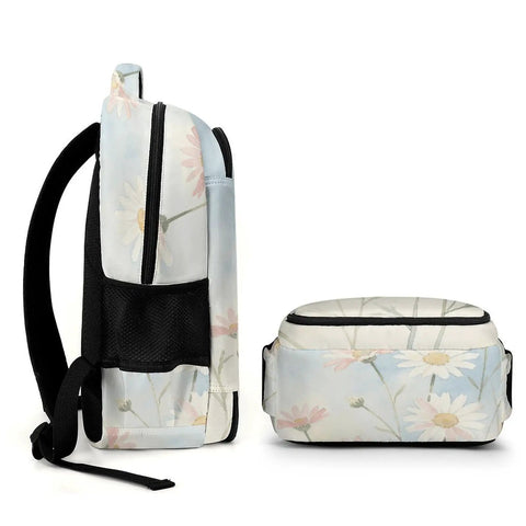 Pastel Pink White Daisies Printed Unisex Backpack With Large Capacity, Durable Polyester Daypack with side and front view