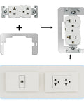 Galvanized Metal Outlet Spacers 2 Pack Flush Fit Device Leveling Plates with dual outlets and installation details on wall.