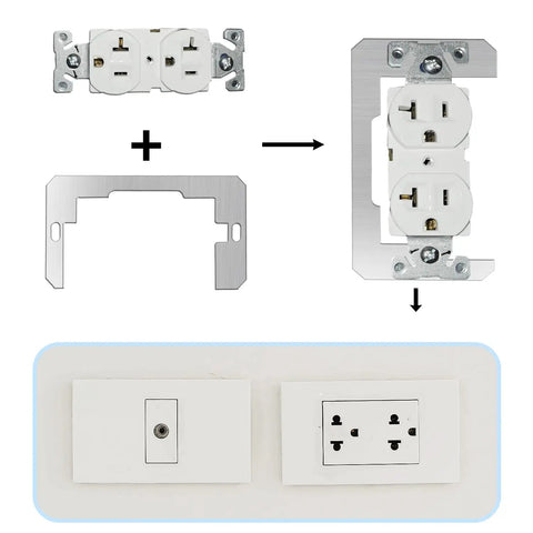 Galvanized Metal Outlet Spacers 2 Pack Flush Fit Device Leveling Plates with dual outlets and installation details on wall.