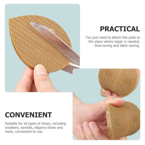 Polyurethane Shoe Heel Repair Pads Half Round Sole Protectors For Sneakers And Athletic Kicks, brown heel pad being cut for application.