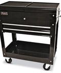 27-Inch Two-Drawer Slide-Top Locking Service Cart Black Beefy Heavy-Duty Professional Series Utility Cart With Full Extension Gas Struts Large Push Handle Bottom Shelf For Workshops Garages And Shops