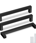 Three 30 Pack Matte Black Cabinet Pulls 6-1/4 Inch Square Bar Stainless Steel Handles with screws, showcasing modern minimalist design.