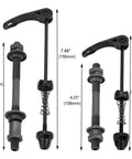 Quick Release Bike Axle Skewers Set For Front And Rear Wheels With Hollow Shafts, Replaceable QR Skewers shown with measurements