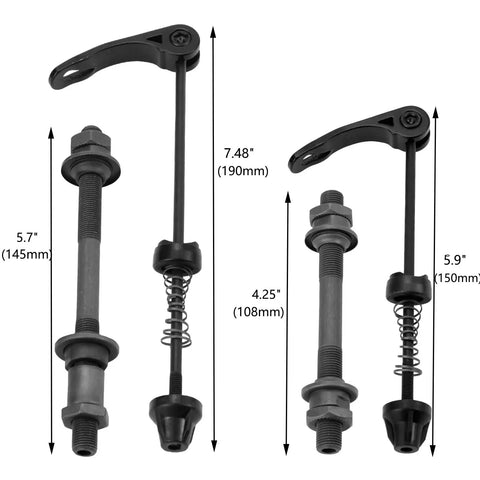 Quick Release Bike Axle Skewers Set For Front And Rear Wheels With Hollow Shafts, Replaceable QR Skewers shown with measurements