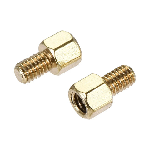 M4 Hex Brass Standoff Spacers With Male Female Threaded Pillar Screws And Nuts For Computer Motherboard Circuit Board Electronics Kits Built Solid As A Rock Heavy Duty Hardware, two brass nuts with threaded screws on a white background.