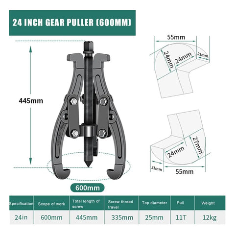 Beefy 3 Jaw Gear Puller for Large Machinery with Carbon Steel Construction and Heat Treated Claws 24 Inch dimensions diagram
