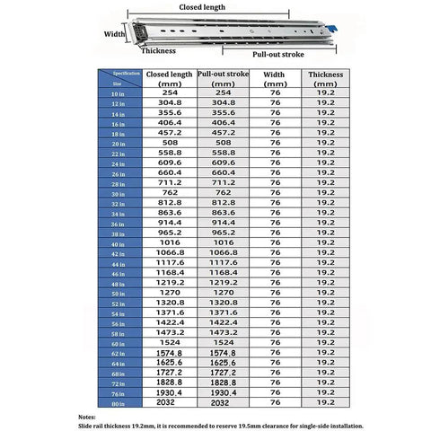 Specifications chart and diagram for 60 Inch Drawer Slides With Lock And Full Extension Tough As Nails Heavy Duty Rails