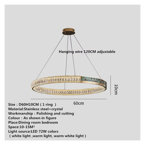Crystal Hanging Pendant LED Lights Luxury Round Rings Chandelier Lamp Home for Living Dining Room,Space with adjustable wire and crystal ring.