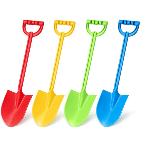 4 Piece 15 Inch Beach Sand Shovel Set for Kids, Colorful Outdoor Digging Toys, red, yellow, green, and blue sturdy plastic shovels