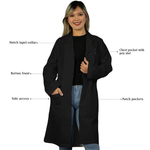 Person wearing Personalized Black Lab Coat For Men And Women, Unisex Medical Lab Coat With Embroidery, 40 Inch Executive Length, 4 Button Front
