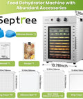 Top Shelf Food Dehydrator Machine With Twelve Stainless Steel Trays And Digital Timer For No Sweat Drying From 68 To 194 Fahrenheit with accessories.