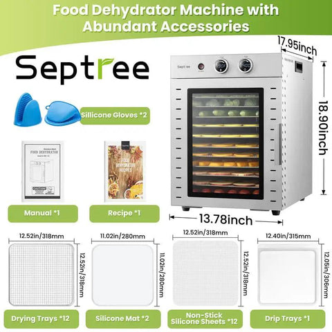 Top Shelf Food Dehydrator Machine With Twelve Stainless Steel Trays And Digital Timer For No Sweat Drying From 68 To 194 Fahrenheit with accessories.