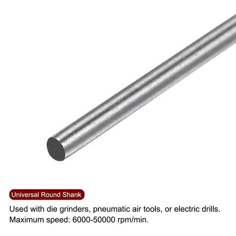 Close-up of a cylindrical metal shank from the 5 Pcs Carbide Rotary Burr Set Three Thirty Second Inch Shank One Quarter Inch Head Double Cut Cylindrical Ball Nose Die Grinder Bits For Metal Wood Plastic Polishing Engraving.