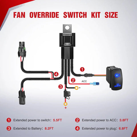 ATV UTV Fan Override Switch Kit With 16AWG Wiring Harness And 5 Pin Rocker Relay showing extended wiring connections