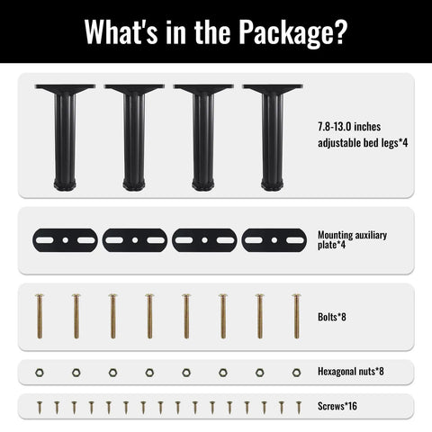 Heavy Duty Adjustable Bed Support Legs 4 Pack Fix That Wobbly Frame Fast Hella Sturdy Plastic Reinforcements components including 4 legs, plates, bolts.