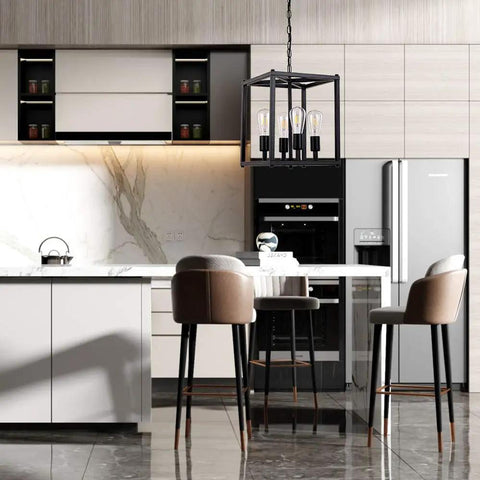 Four Light Black Farmhouse Pendant Chandelier For Entryway Hallway And Dining Room hung above modern kitchen island.