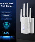 WiFi Extender Signal Booster For Home No Fuss Setup 2.4GHz 300Mbps, white unit with external antennas and signal indicators on display.