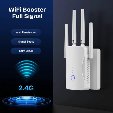 WiFi Extender Signal Booster For Home No Fuss Setup 2.4GHz 300Mbps, white unit with external antennas and signal indicators on display.
