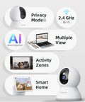 Infographic illustrating features of 2K Security Camera With 360 Degree Coverage For Home And Pet Monitoring Smart Motion Tracking IR Night Vision Built In Siren 2 Way Audio Phone App Control Works With Alexa And Google Assistant IFTTT