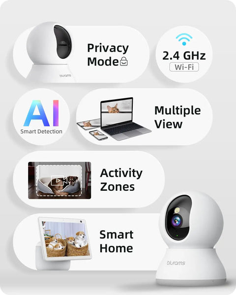 Infographic illustrating features of 2K Security Camera With 360 Degree Coverage For Home And Pet Monitoring Smart Motion Tracking IR Night Vision Built In Siren 2 Way Audio Phone App Control Works With Alexa And Google Assistant IFTTT