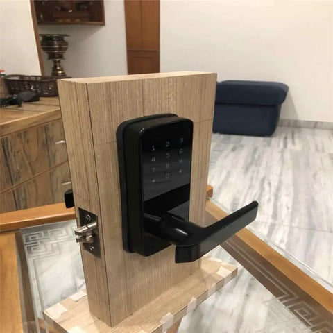Upgrade Your Pad With This Sleek And Hassle Free Electronic Door Lock A Heavy Duty Keyless Smart Lock That Slaps With App Control For Ultimate Home Security Next Level Apartment Security And Easy Setup For Any Door, showcasing black smart lock on wooden door.