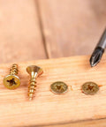 Gold self-tapping flat head screws and Phillips screwdriver on wood, part of the 1170 Pcs Micro Screws Set For Electronics And Eyewear