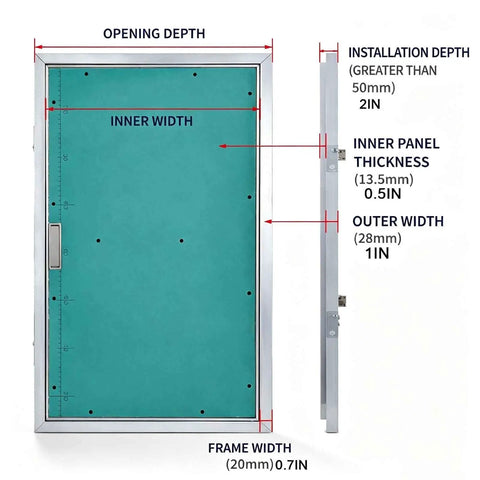 Sturdy Aluminum Alloy Recessed Drywall Access Panel Featuring Slick Flush Mount No Sweat Paint Match Seamless Ceiling Blend Easy Lift Handle dimensions chart.