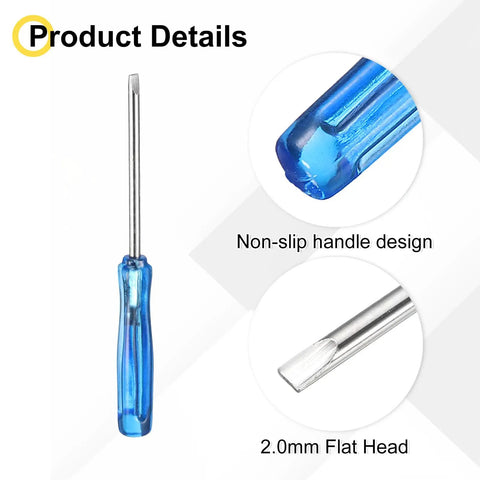 Product image of Tiny But Mighty Mini Slotted Screwdriver 2.0mm Flat Head Precision Tool with blue handle, showing non-slip design and flat head.