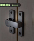 Luminous 90/180 Degree Barn Door Lock With Small Flip Gate Latches for Privacy, sliding door latch on wood surface, matte black finish