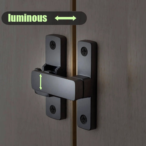 Luminous 90/180 Degree Barn Door Lock With Small Flip Gate Latches for Privacy, sliding door latch on wood surface, matte black finish