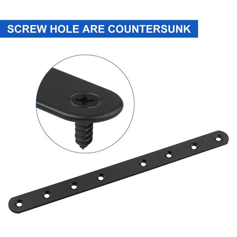 Heavy Duty Black Mending Plates 12 Pack, 10 Inch Flat Straight Braces For Wood Furniture Repair with countersunk screw hole.