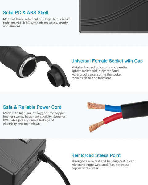 Heavy Duty Rock Solid AC To DC Converter 110V To 12V 30Amp 360Watt showing solid PC & ABS shell, universal female socket, and power cord details.