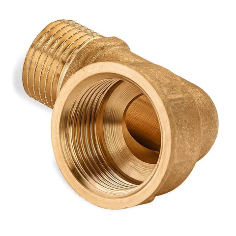 Brass pipe fitting elbow, 1/2 in male x 3/4 in female, 90-degree street elbow.